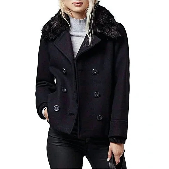 TOPSHOP Faux Fur Trim Double Breasted Pea Coat in Black - Picture 1 of 13